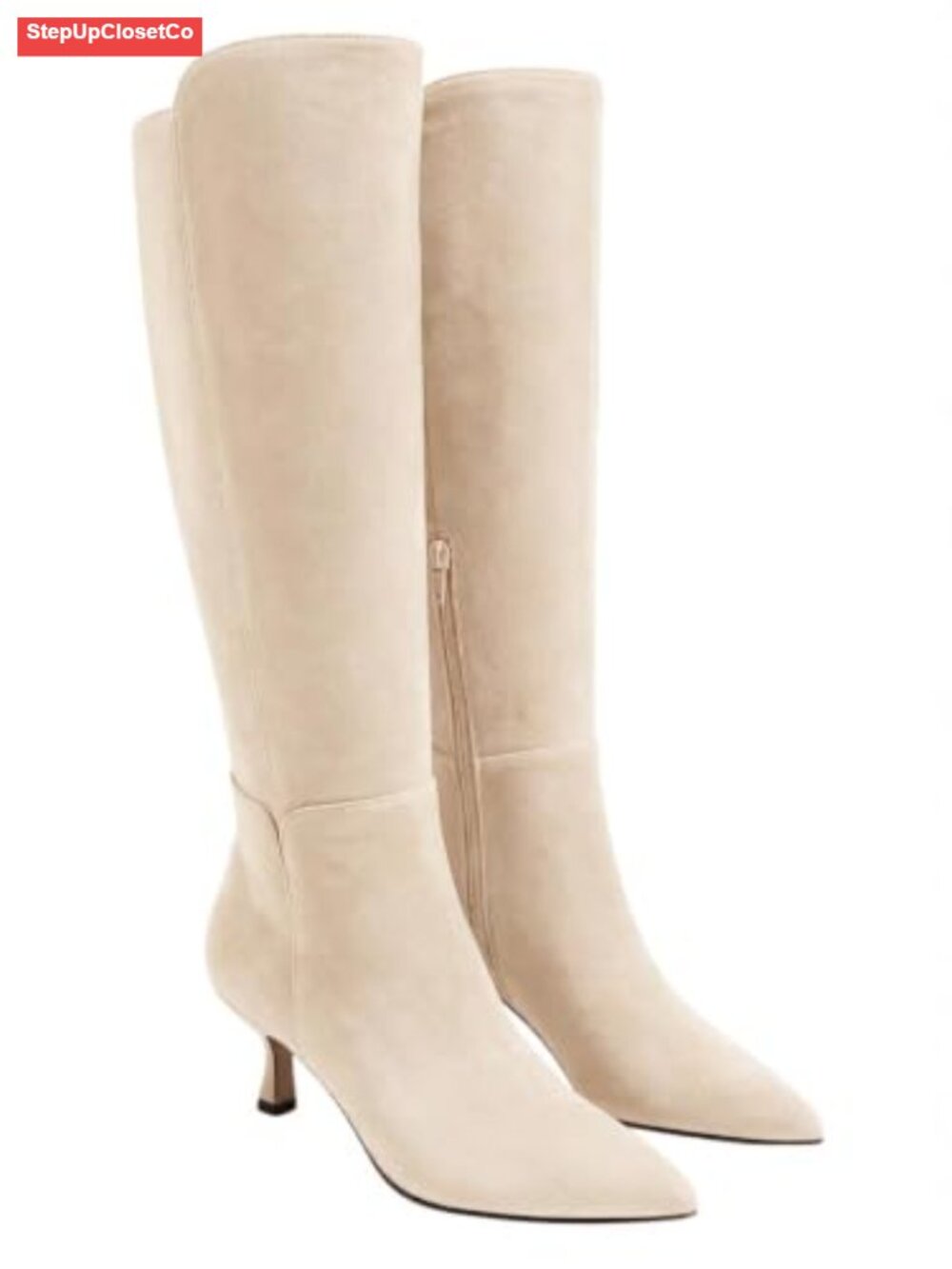Kitten Heel Knee High Boots Pointed Toe Zip Faux Suede Tall Dress Boots